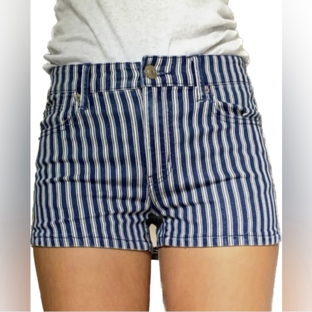 American Eagle Denim Shorts Hi Rise Shortie Blue White Stripes Size 14